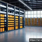 스마트물류 물류 로봇과의 협업 - A highly detailed futuristic warehouse interior in an Arabic-speaking region, showcasing smart stora...