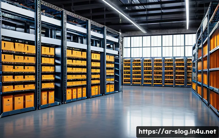스마트물류 물류 로봇과의 협업 - A highly detailed futuristic warehouse interior in an Arabic-speaking region, showcasing smart stora...