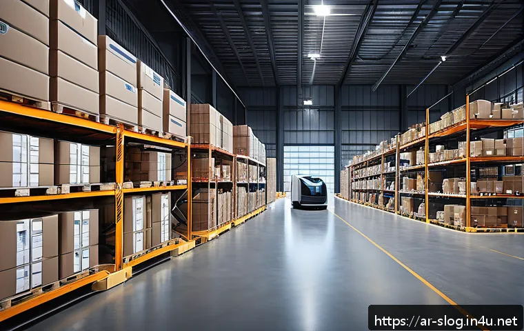 스마트물류 실무 사례 인터뷰 - A modern logistics warehouse interior in the Middle East, showcasing advanced automation with sleek ...