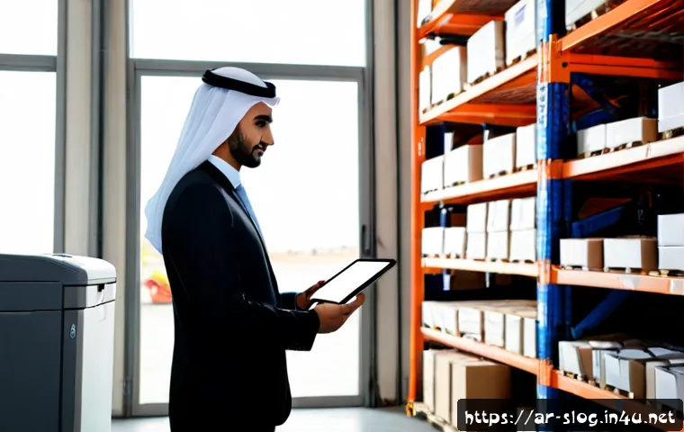 스마트물류 전문가의 하루 일과 - Photorealistic early morning scene of an Arab smart logistics specialist in modest professional busi...